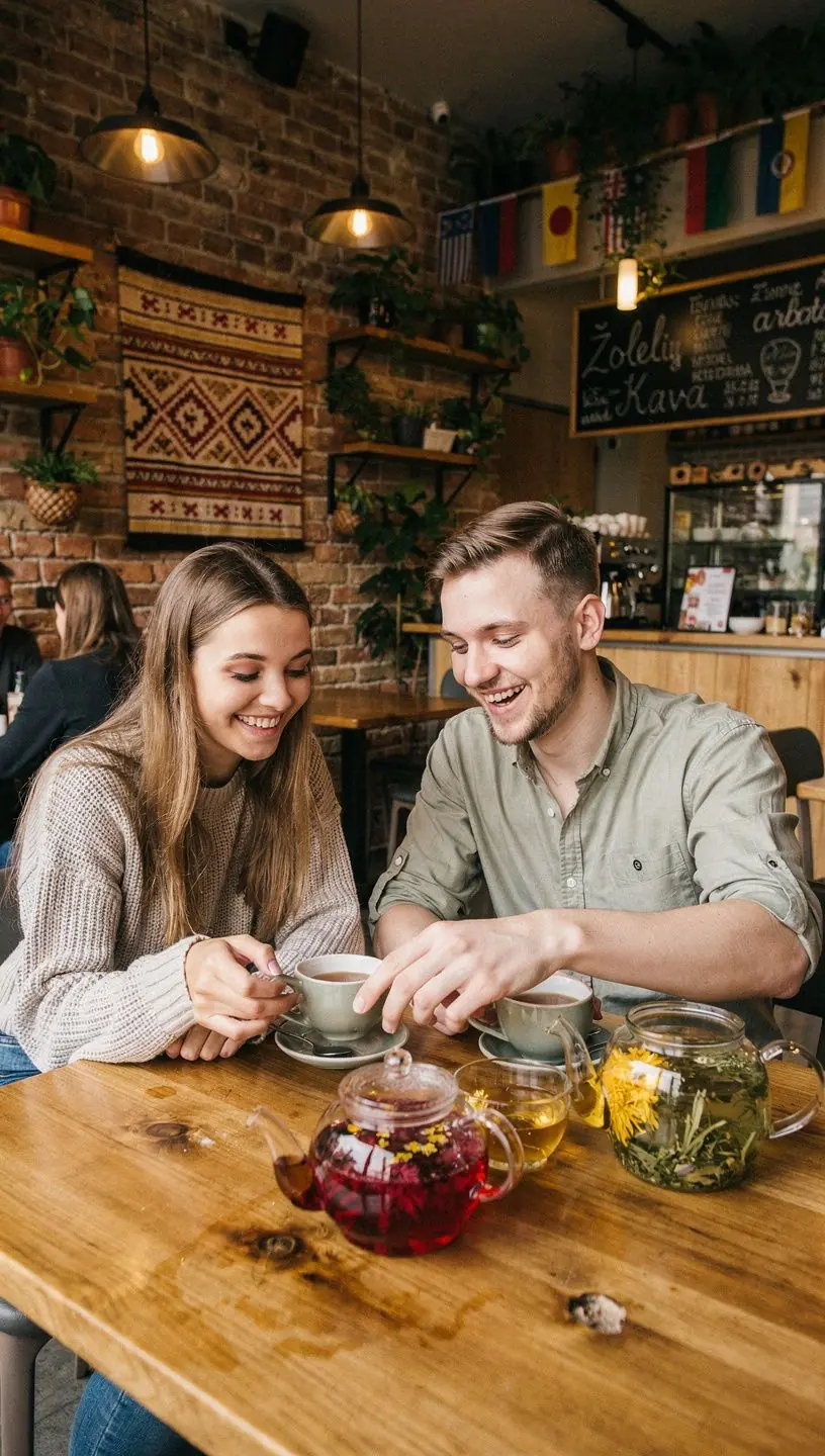Raminantis arbatos puodelis ant medinio stalo su žolelių lapais ir natūralia šviesa fone.