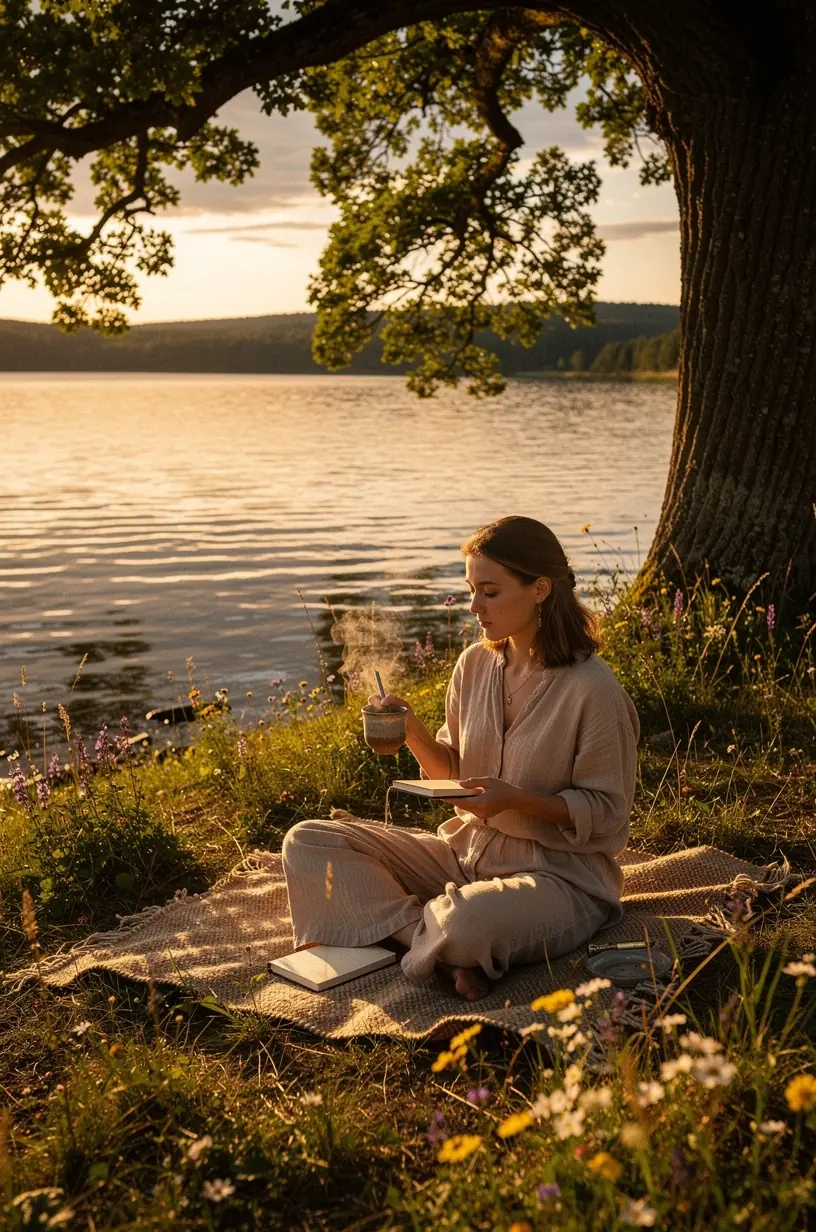 Atidarytas žurnalas su ranka rašytu arbatos ritualų aprašymu ir šalia gėlėmis puoštas arbatos indas.
