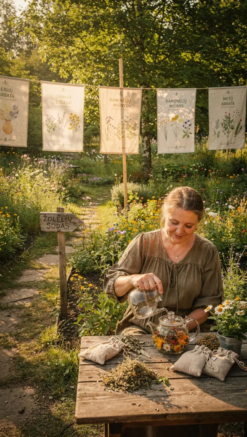 Švelniai garuojantis žolelių arbatos puodelis ant minkštos, raminančios audinio servetėlės.